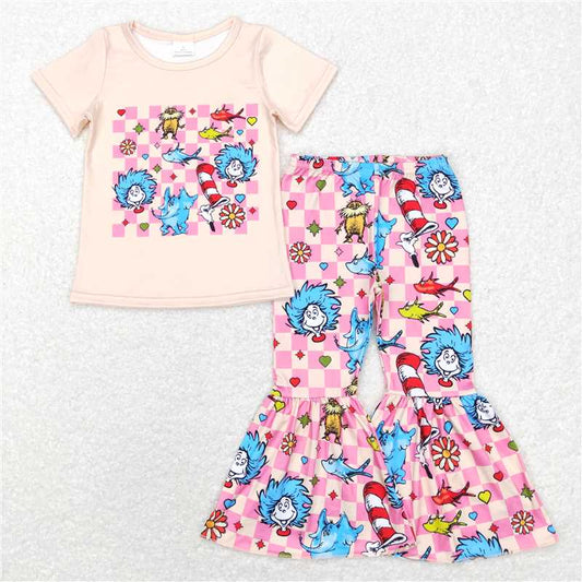 GSPO0923 Dr Seuss beige short-sleeved pink plaid trousers suit