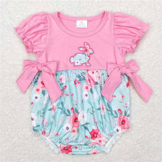SR0573 Embroidery Baby Infant Girls Floral Rabbit Easter Rompers