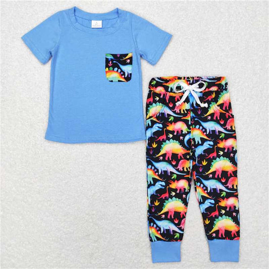 BSPO0206 Baby Boys Colorful Dinosaur Pocket Tee Pants Clothes Sets