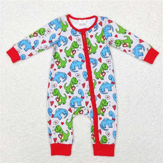 LR0831 Red heart dinosaur baby kids valentine's zipper romper