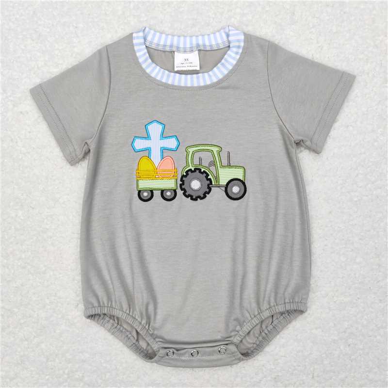SR0490 Baby embroidery Infant Boys Easter Egges Tractor Short Sleeve Rompers