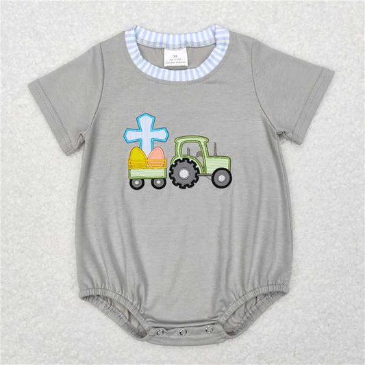 SR0490 Baby embroidery Infant Boys Easter Egges Tractor Short Sleeve Rompers