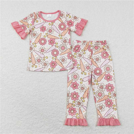 GSPO1017 Flower carrot heart brick red lace beige short-sleeved trousers suit