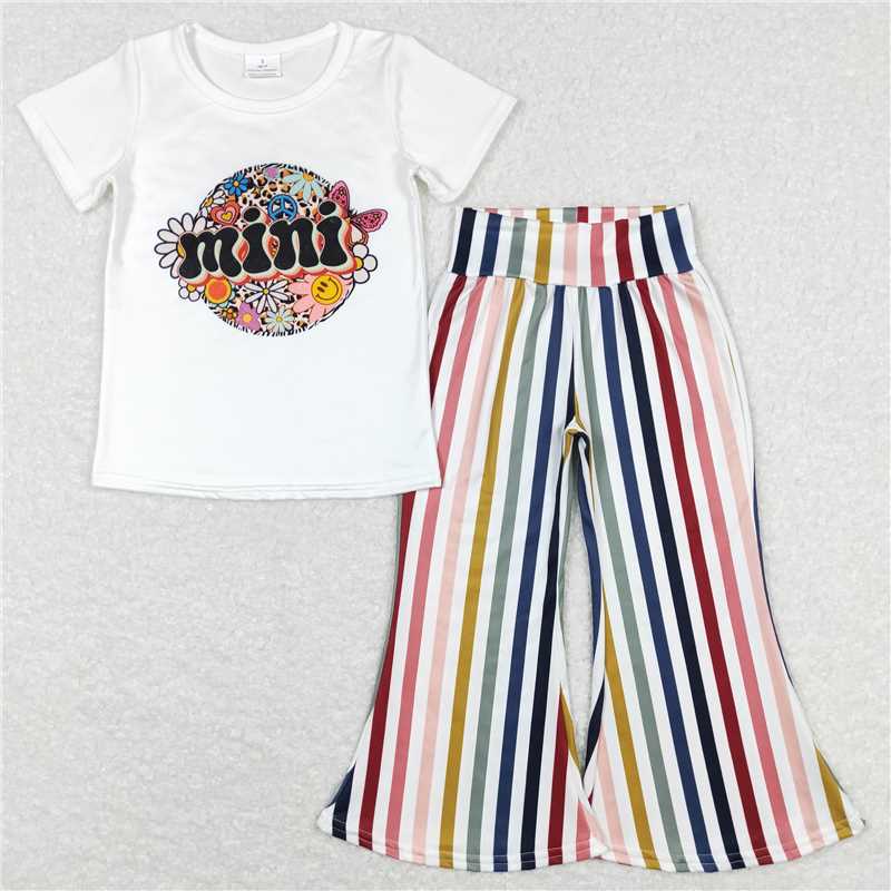 GSPO1114 mini smiley face flower white short-sleeved colorful striped trousers suit