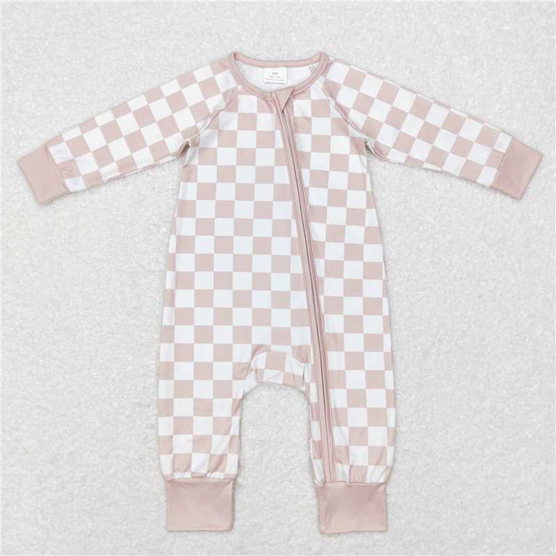 USA Shop (in stock) LR0809 Light brown beige plaid zipper long sleeve jumpsuit
