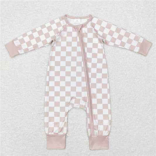 USA Shop (in stock) LR0809 Light brown beige plaid zipper long sleeve jumpsuit