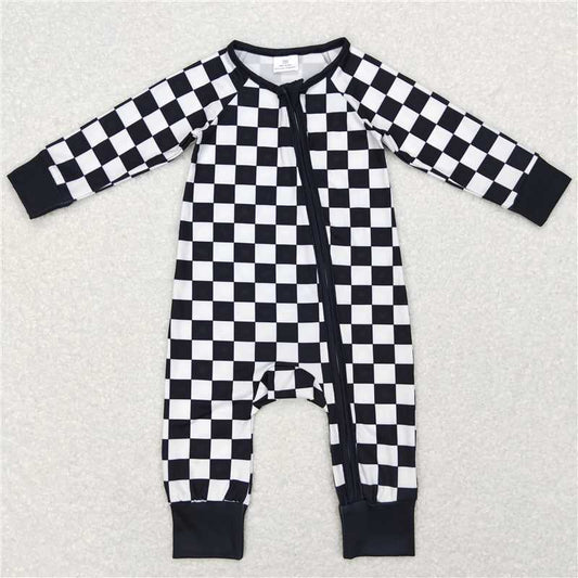 RTS LR0812 Black and white plaid zipper long-sleeved jumpsuit
