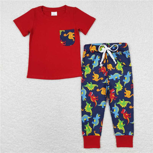 BSPO0173 Baby Boys Red Short Sleeve Tee Shirts Dinosaur Pants Clothes Sets