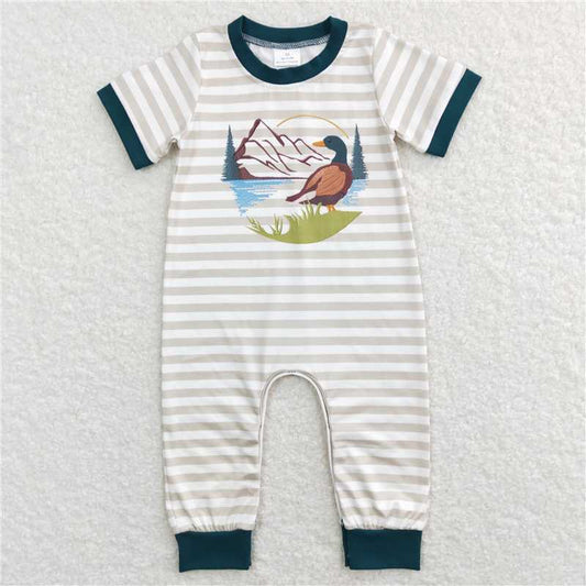 SR0553 Baby Boys Duck Hunting Khaki Stripes Short Sleeve Rompers