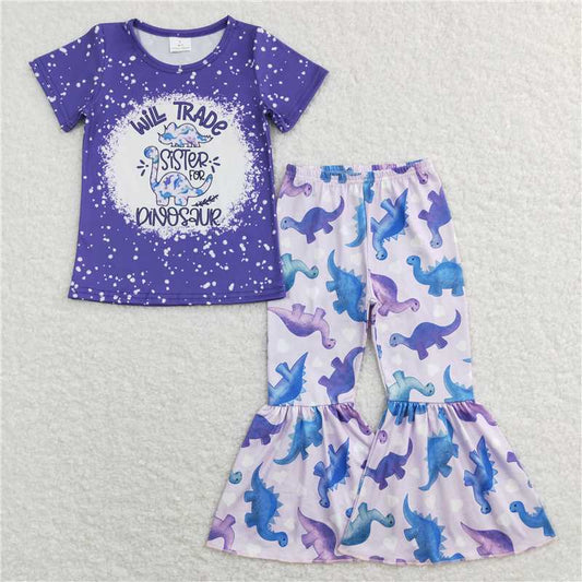 GSPO0915 Alphabet dinosaur heart purple short-sleeved trousers suit