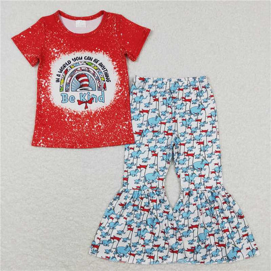 GSPO1115 Girls be kind dr seuss rainbow red and white short-sleeved trousers suit