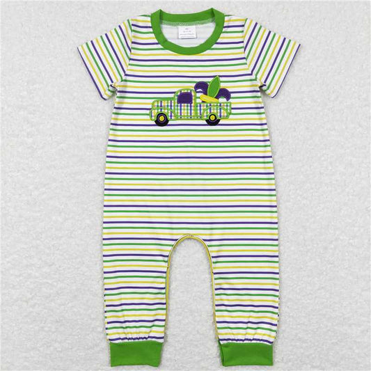 SR0519 Baby Boys Mardi Gras Embroidery Tractor Short Sleeve Rompers