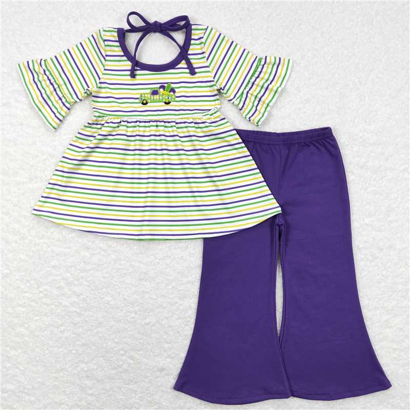 12.17 RTS NO MOQ （In stock）GSPO1021 Baby Girls Mardi Gras Tractor Tunic Top Bell Pants Clothes Sets