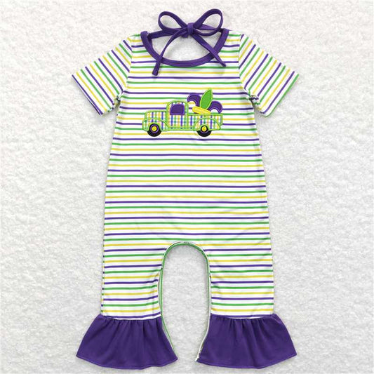 SR0518  Baby Girls Mardi Gras Embroidery Tractor Short Sleeve Rompers