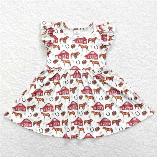 GSD0518  Farm Red House Horse Beige Fly Sleeve Dress