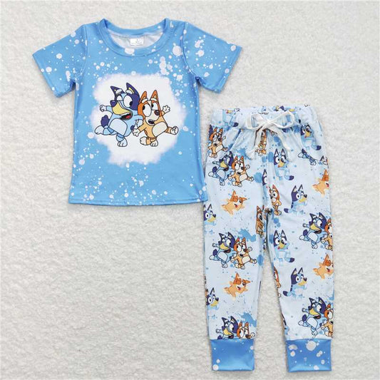 BSPO0222 Baby Boys Blue Dog Short Sleeve Shirt Top Pants Clothes Sets