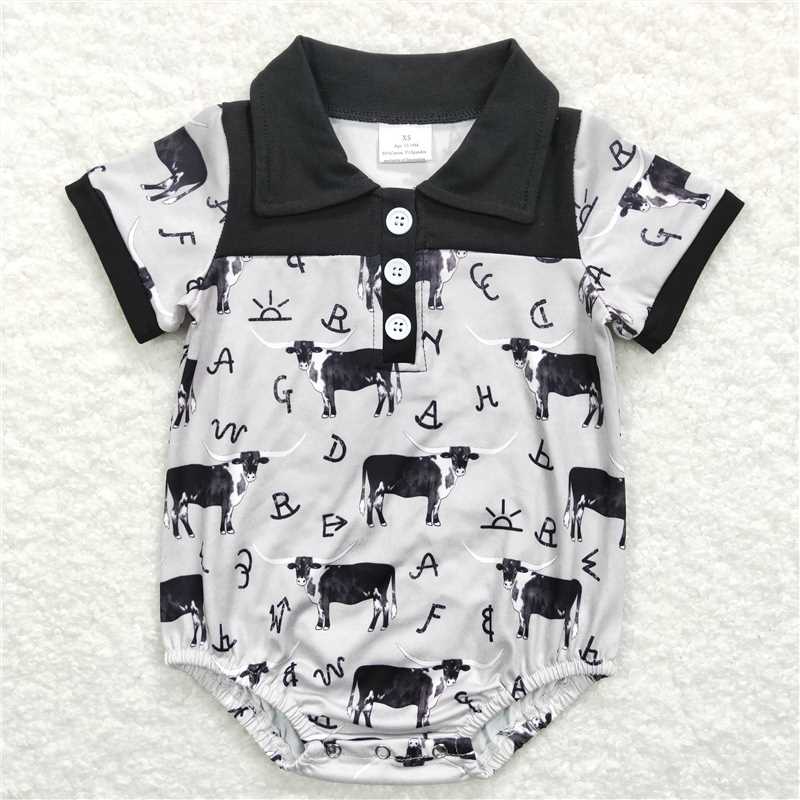 SR0220 Baby Boys Cow Western Black Short Sleeve Rompers
