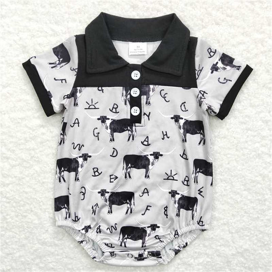 SR0220 Baby Boys Cow Western Black Short Sleeve Rompers