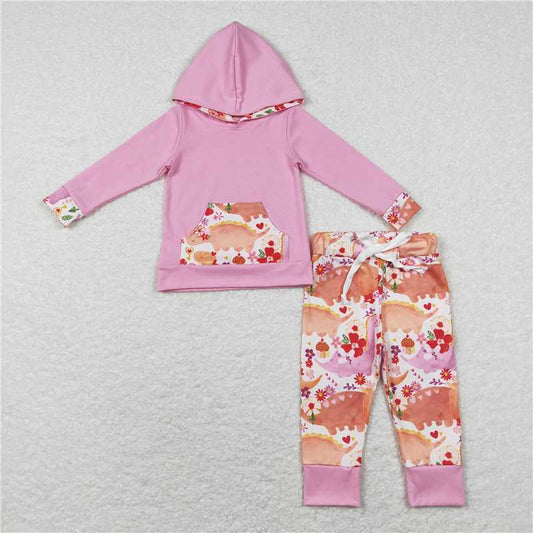 GLP0865  Baby Girls Pink Valentines Dinosaur Long Sleeve Hooded Shirt Pants Clothing Sets
