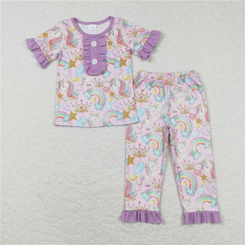 GSPO0949 Rainbow unicorn heart purple lace short-sleeved trousers suit