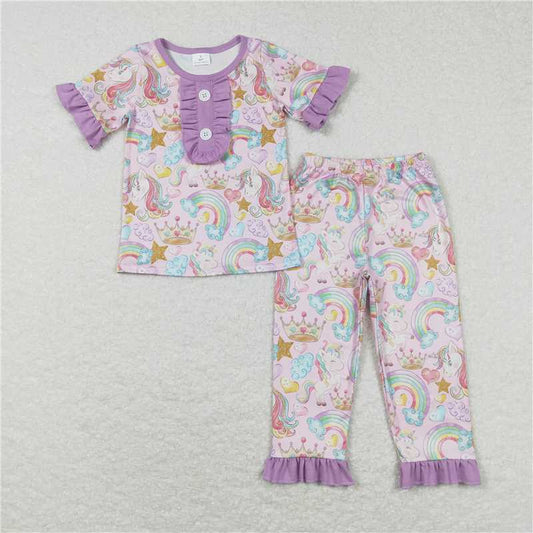 GSPO0949 Rainbow unicorn heart purple lace short-sleeved trousers suit