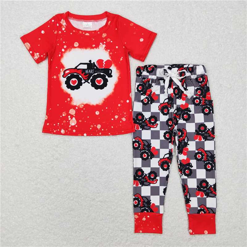 BSPO0227 Baby Boys Valentines Tractor Short Sleeve Top Pants Clothes Sets