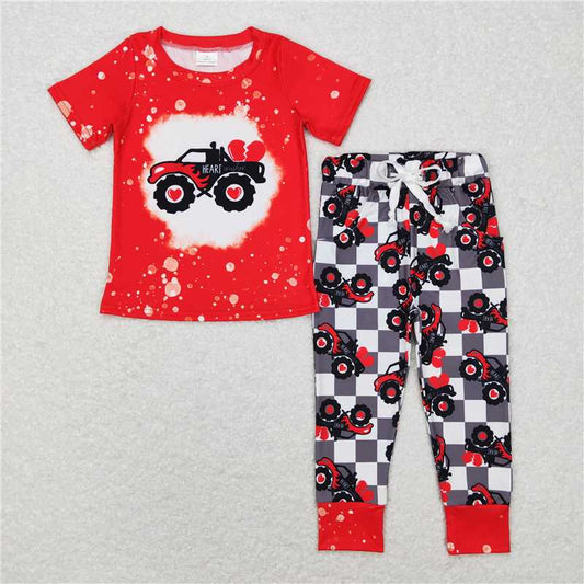 BSPO0227 Baby Boys Valentines Tractor Short Sleeve Top Pants Clothes Sets