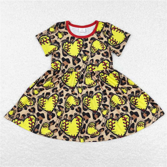 GSD0547 Heart Softball Leopard Print Brown Short Sleeve Dress