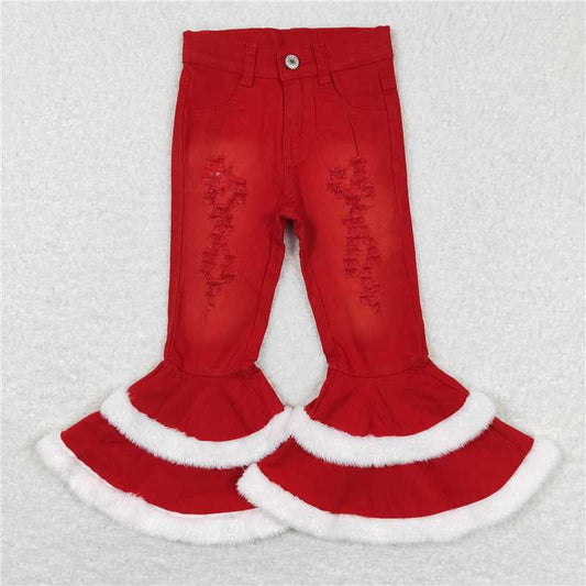 P0334  Baby Girls Red Distressed Fur Bell Denim Pants