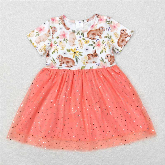 GSD2445 Short sleeves rabbit floral girls easter tulle dress