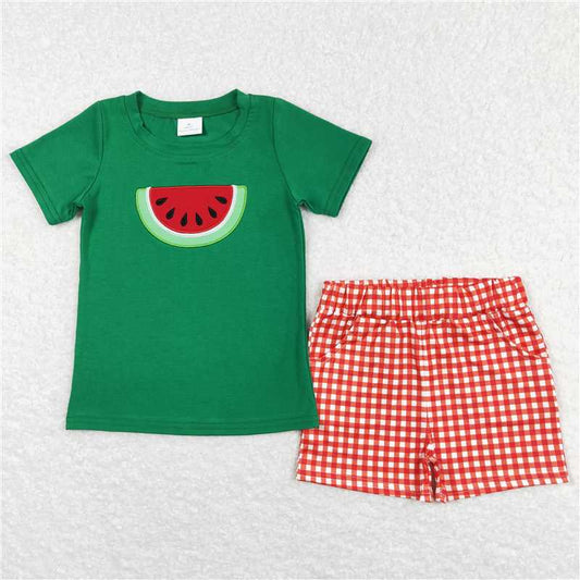 BSSO0345RTS NO MOQ Baby Boys Summer Boys Outfits  Baby Boys Watermelon Short Tee Summer Shirts Checkered Shorts Clothes Sets
