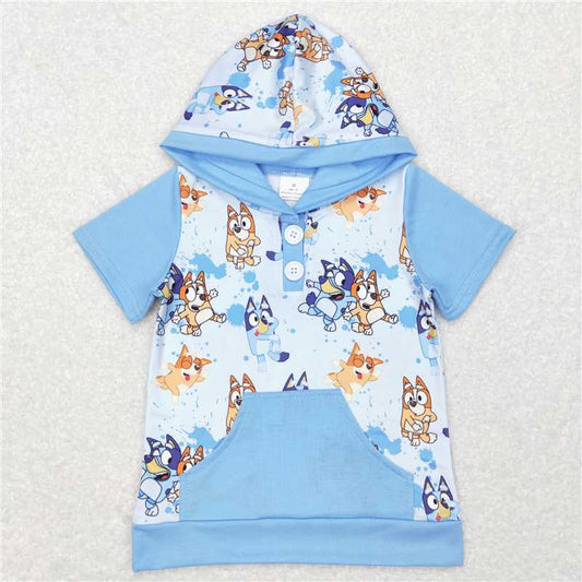 BT0452  Baby Children Boys Blue Dog Hooded Short Sleeve Shirts Tops