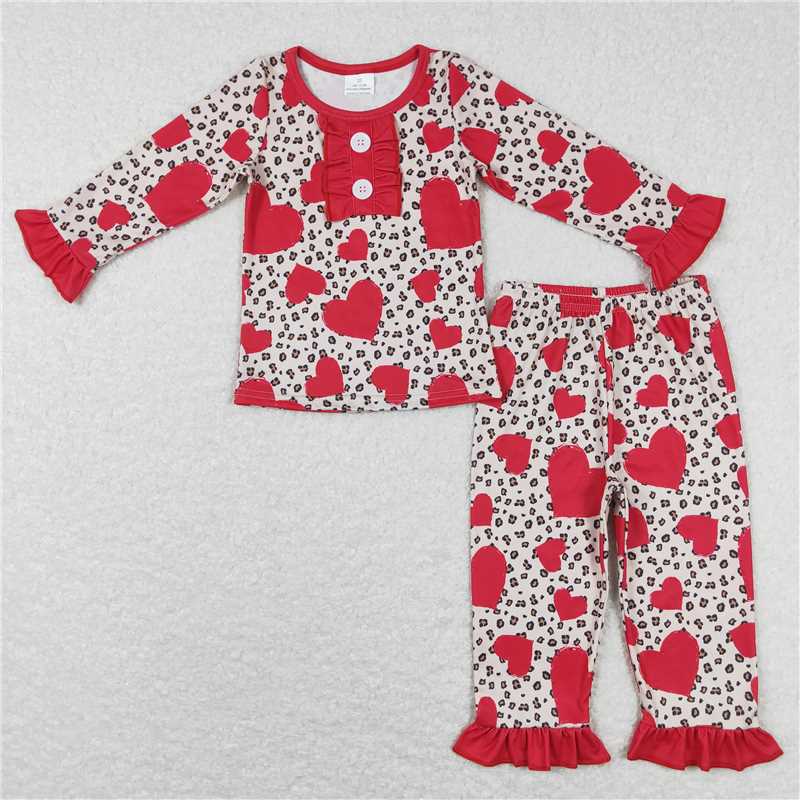 GLP0905 Leopard heart ruffle long sleeves girls valentine's pajamas