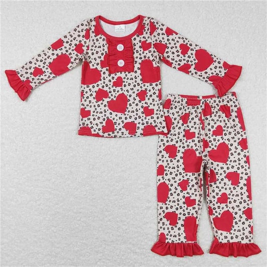 GLP0905 Leopard heart ruffle long sleeves girls valentine's pajamas