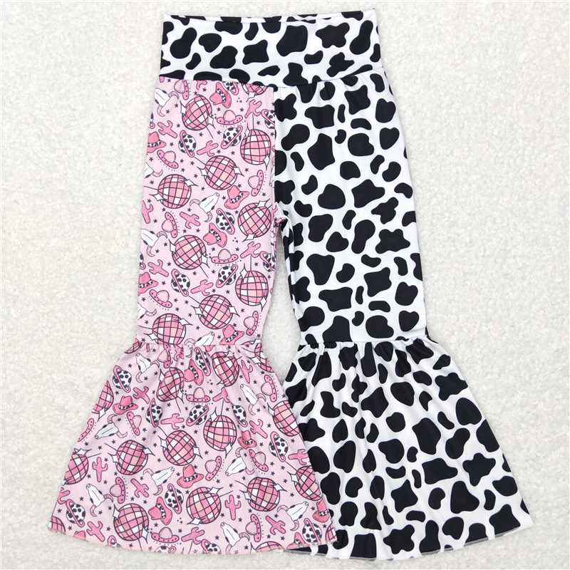P0344 P0335 P0369 Pink Valentine's Day patchwork black and white cow pattern flared pants