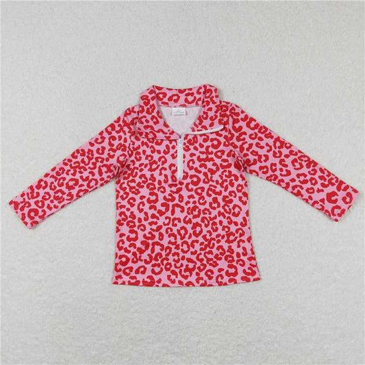 GT0414  Baby Girls Toddler Valentines Pink Leopard Zip Pullover Long Sleeve Tops
