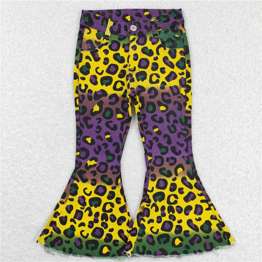P0314 	  Baby Girls Mardi Gras Colorful Leopard Bell Denim Pants Jeans