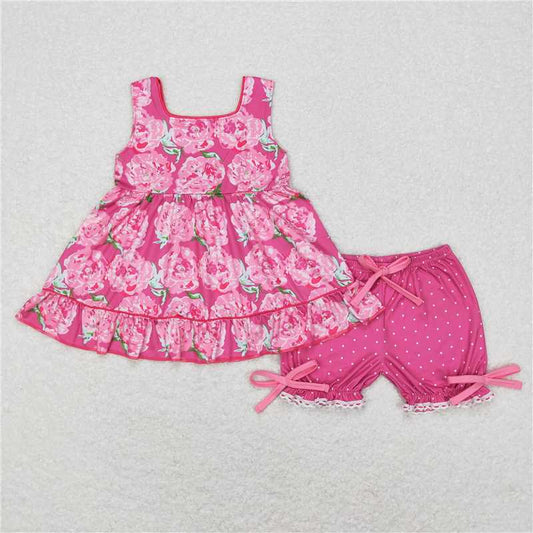 Baby Girls Pink Flowers Ruffle Tunic Shorts Clothes Sets