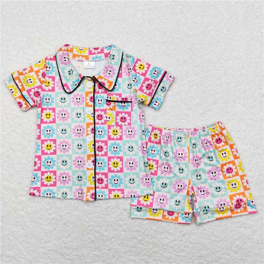 Baby Girls Flower Spring Summer Smile Buttons Shirt Shorts Pajamas Clothes Sets