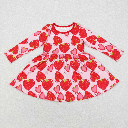 GLD0469  Baby Girls Long Sleeve Strawberry Knee Length Dresses