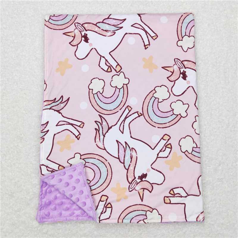 BL0100  Baby Girls Pink Unicorn Rainbow Minky Blankets