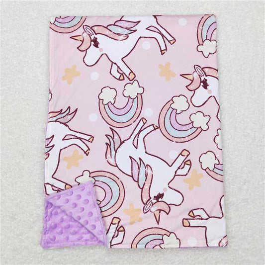 BL0100  Baby Girls Pink Unicorn Rainbow Minky Blankets