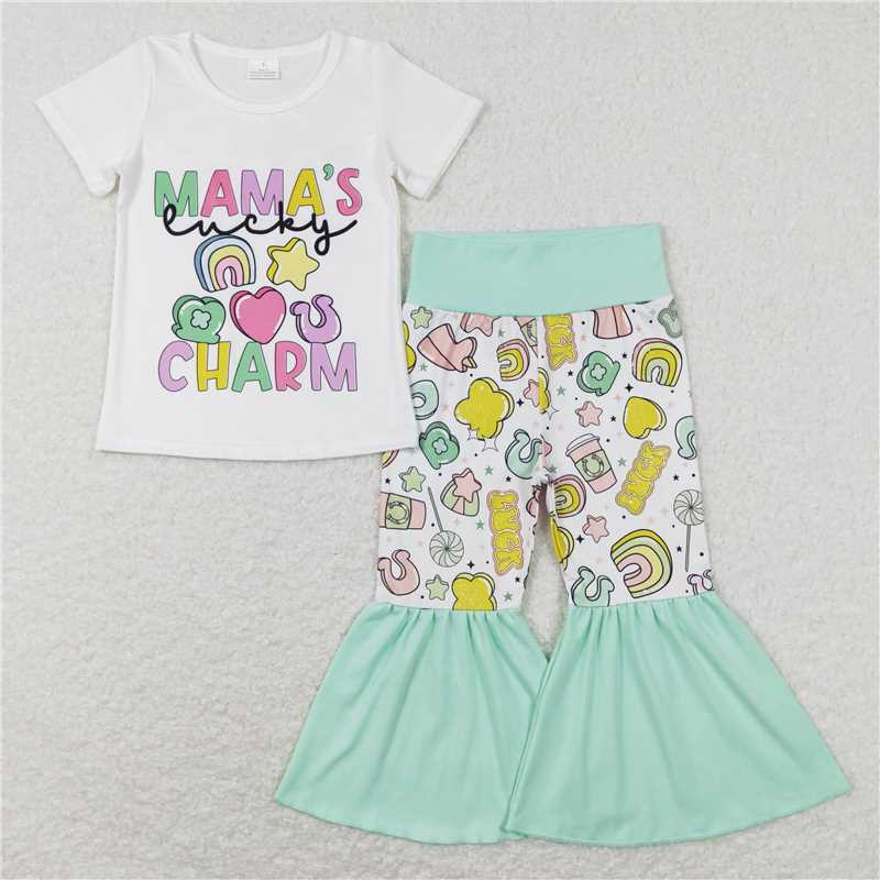 GSPO1047 mama's charm white short-sleeved rainbow heart pants suit