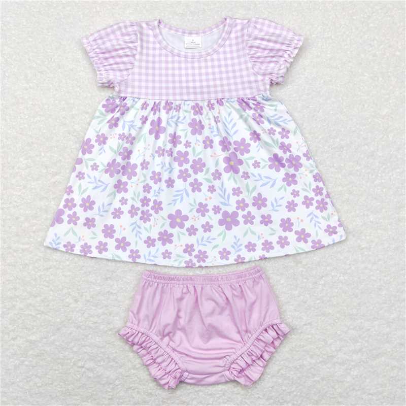 GBO0214  Baby Girls Purple Small Flowers Tunic Bummies Clothes Sets