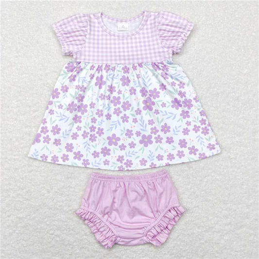 GBO0214  Baby Girls Purple Small Flowers Tunic Bummies Clothes Sets