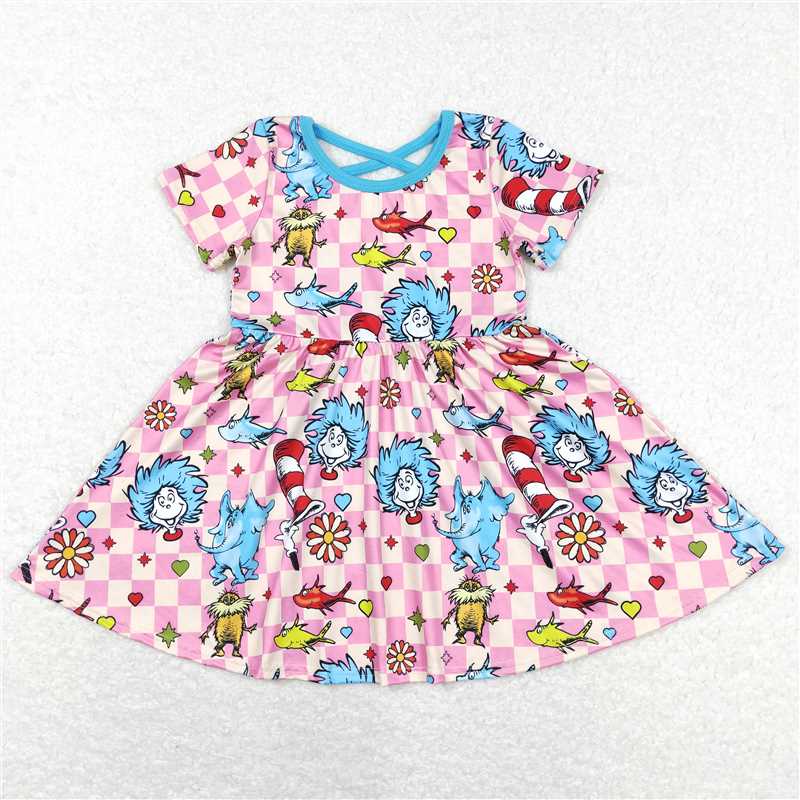 GSD0503  Pink plaid hat elephant short sleeves girls dresses