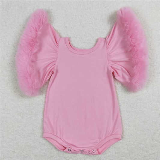 SR0583  Baby Infant Girls Valentines Pink Fur Flutter Sleeve Rompers