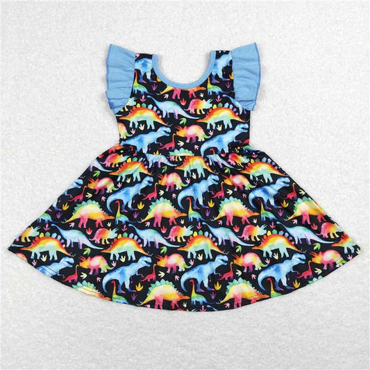 GSD0516 Colorful Dinosaur Blue and Black Flying Sleeve Dress