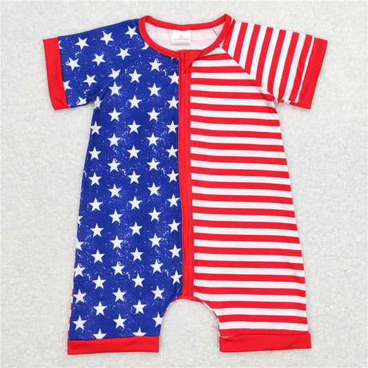 SR0673RTS NO MOQ Baby Boys Summer Rompers  Baby Infant Boys Toddler 4th Of July Star Red Stripes Short Sleeve Rompers