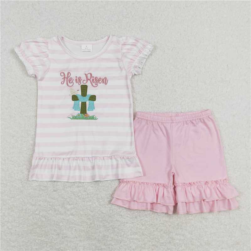 GSSO0382 RTS NO MOQ Baby Girls Summer Outfits He is risen embroidered cross pink and white striped shorts set